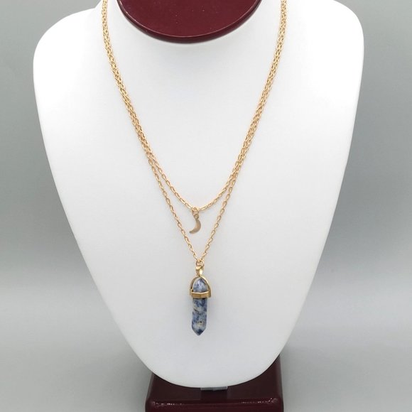 Womens Gold Tone Blue Quartz Stone Pendant Necklace Half Moon Accent 18 in - Picture 4 of 6